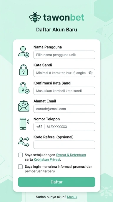 Tampilan halaman daftar tawonbet
